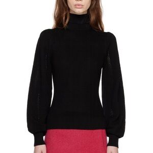 GANNI Merino Pointelle Lace Balloon Puff Sleeve Black Roll Turtleneck Sweater